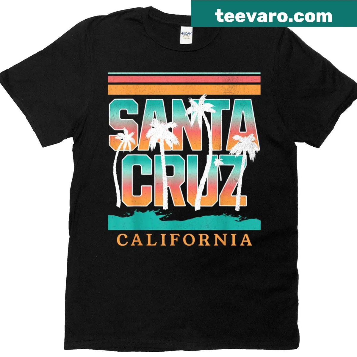 Illustrative T-shirt featuring playful Santa Cruz design elements — on a men's t-shirt