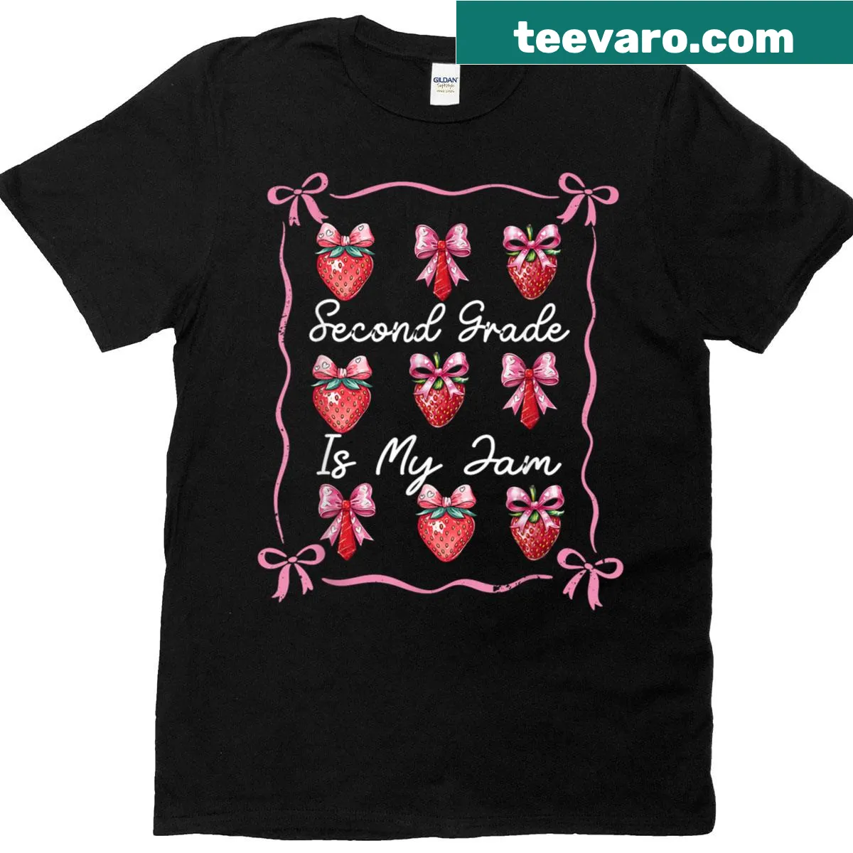 Strawberry with bow and text 'Second Grade Is My Jam' for teachers — on a men's t-shirt