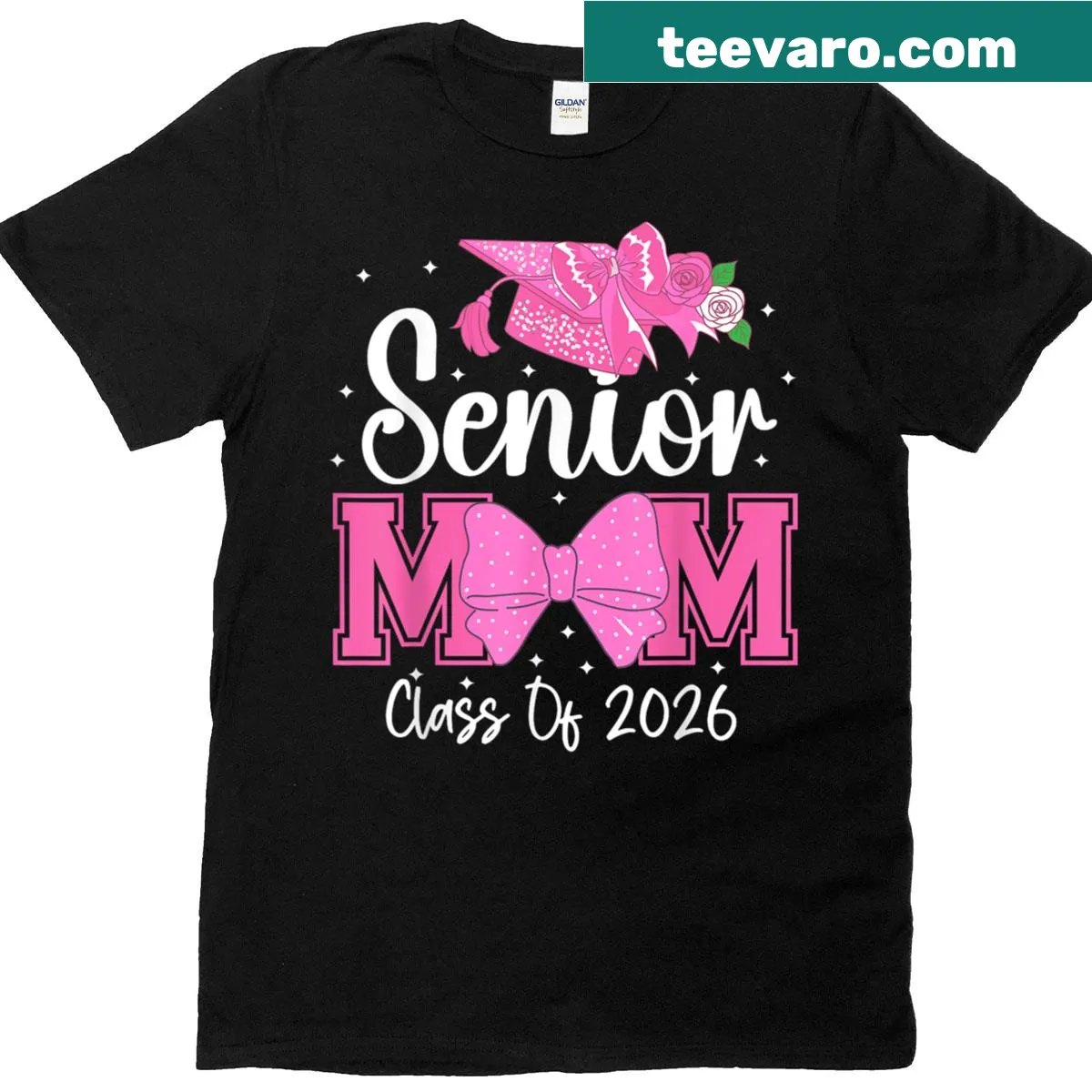 Pink Senior Mom Class Of 2026 t-shirt with hand-lettered design and bow — on a men's t-shirt