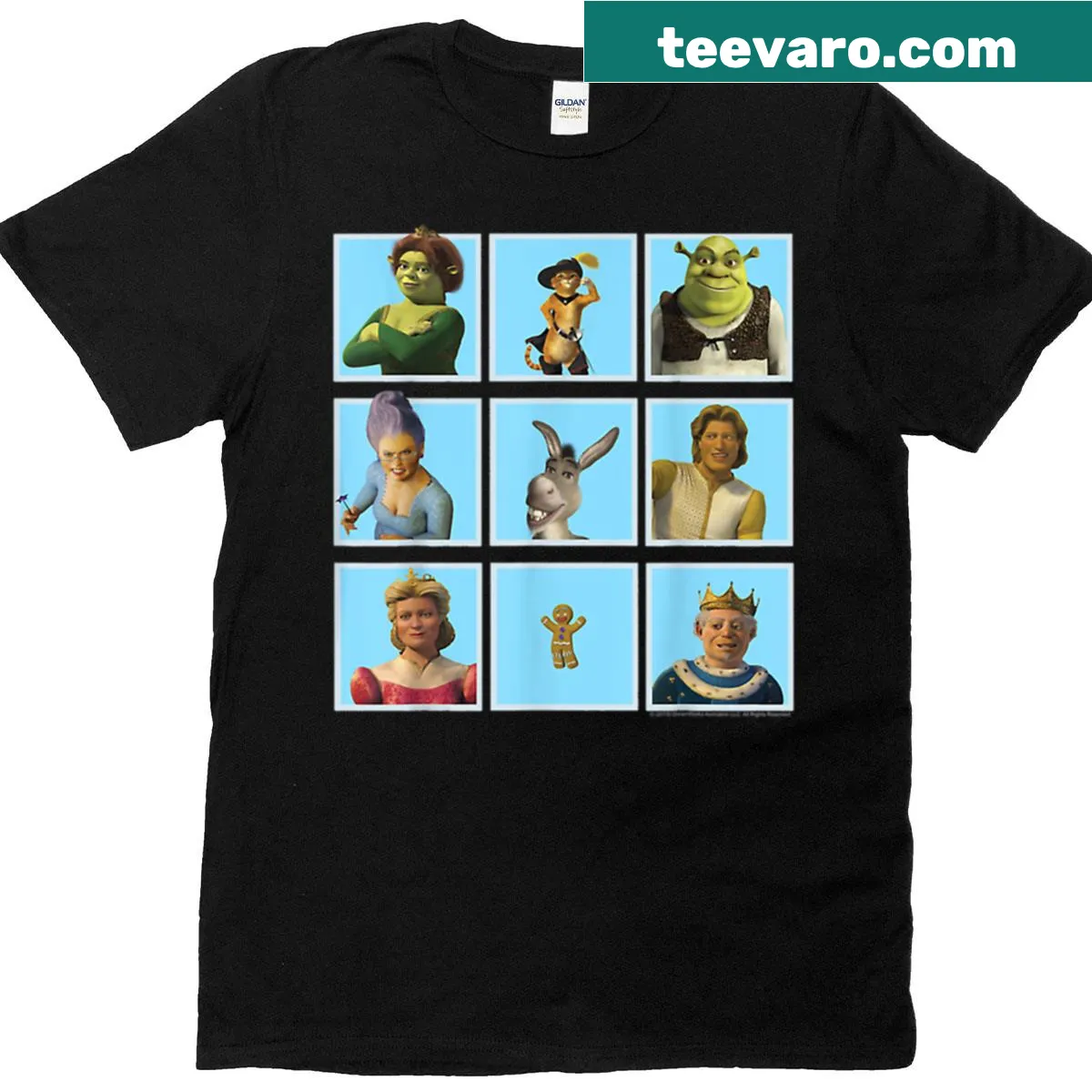 Illustrated Shrek 2 t-shirt with fairy tale family theme — on a men's t-shirt
