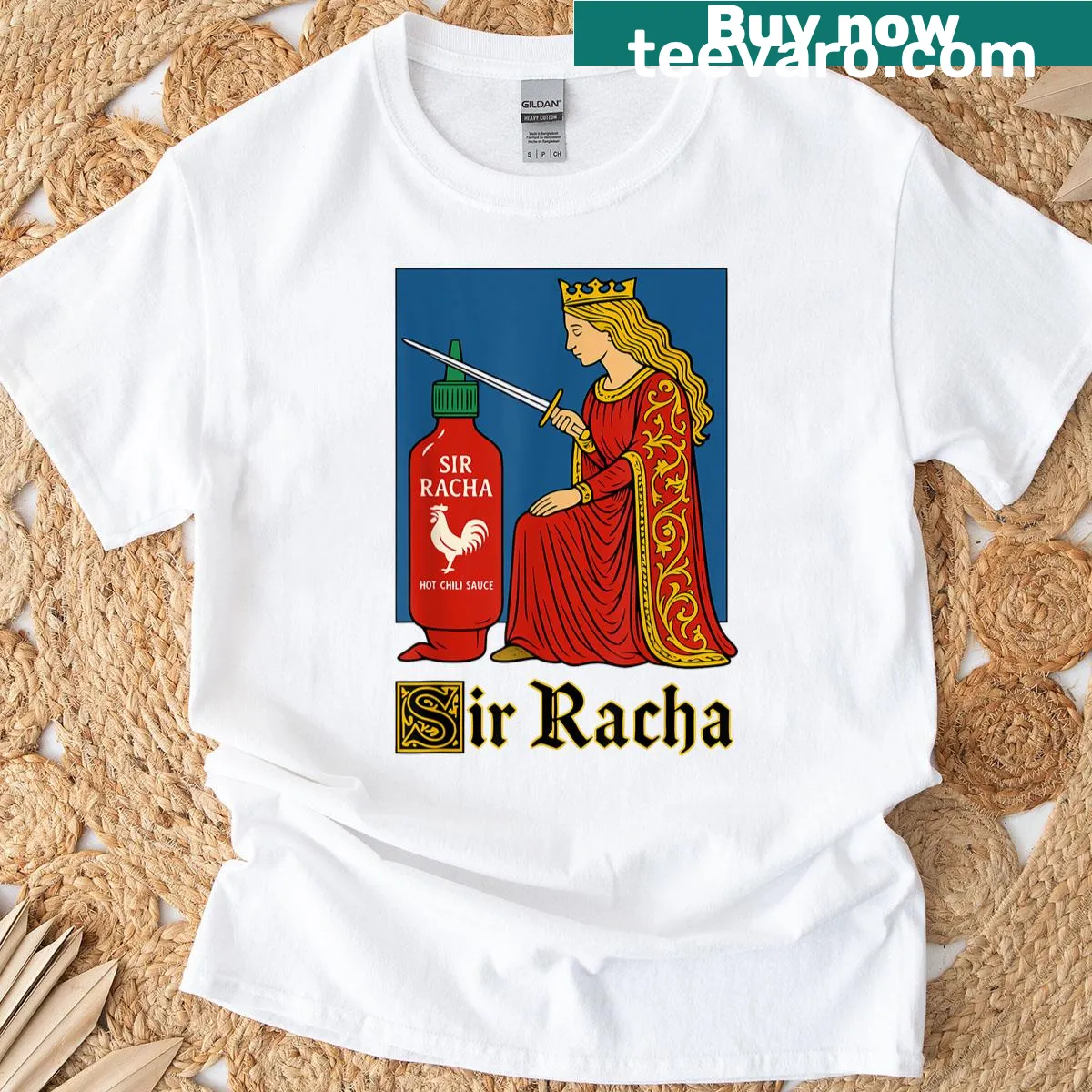 Vintage-style T-shirt featuring humorous medieval art inspired by Sir Racha hot sauce — on a men's t-shirt