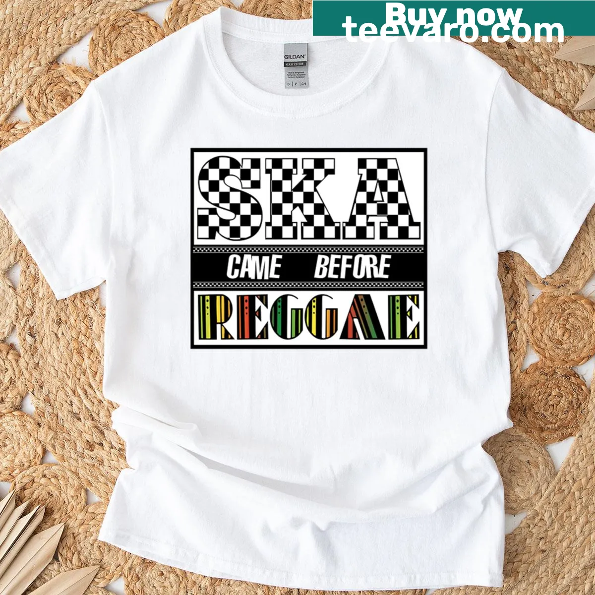 Music history T-shirt featuring ska and reggae theme — on a men's t-shirt