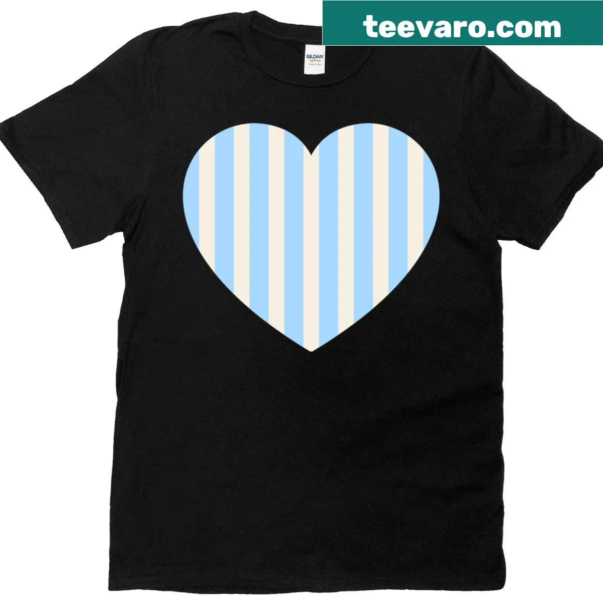 Sky blue and cream striped aesthetic T-shirt for casual wear — on a men's t-shirt