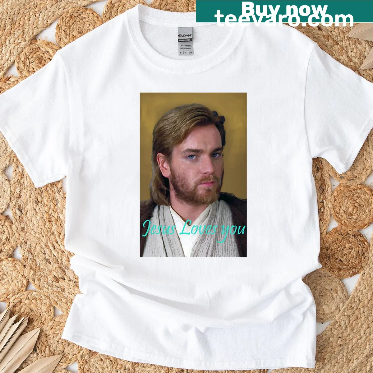 T-shirt featuring whimsical illustration of Space Jesus with a positive message. — on a men's t-shirt