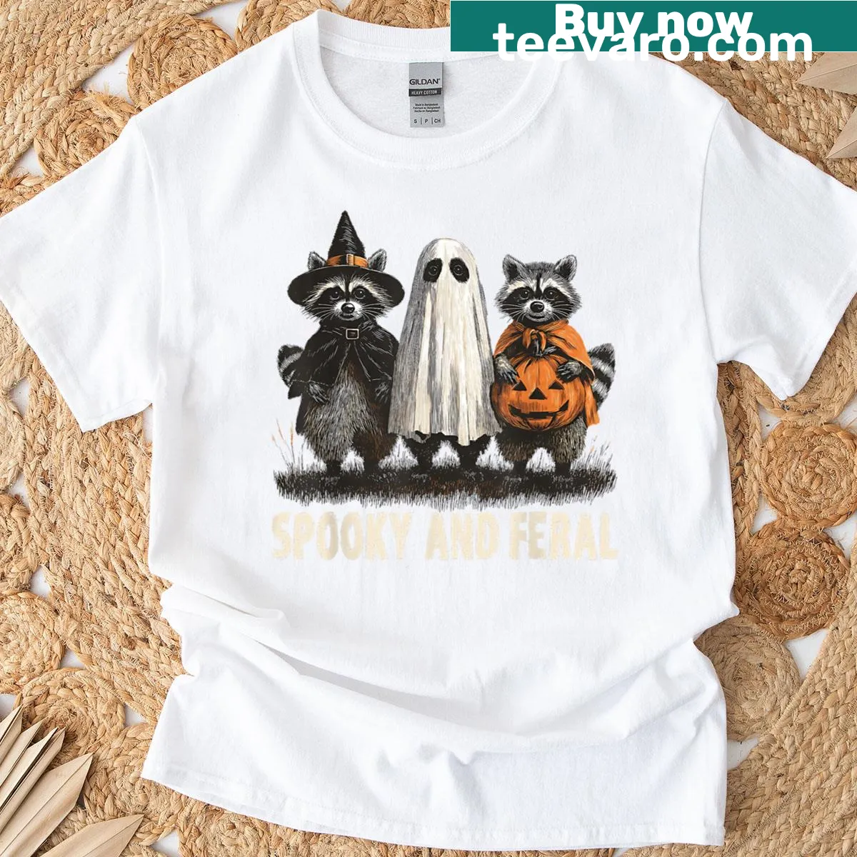 Cute Halloween t-shirt with a ghost raccoon design for trick or treating. — on a men's t-shirt