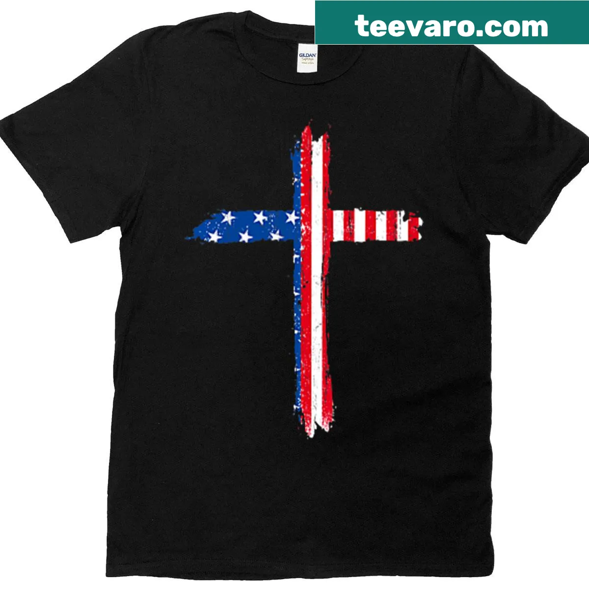 Front and back print T-shirt with patriotic and faith-themed text — on a men's t-shirt