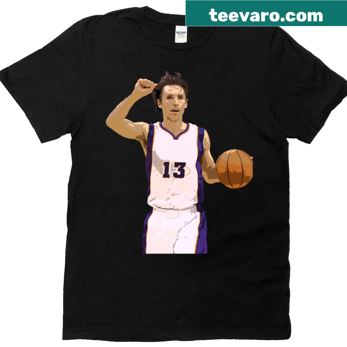 Steve Nash T-shirt featuring a dynamic illustration of the player — on a men's t-shirt