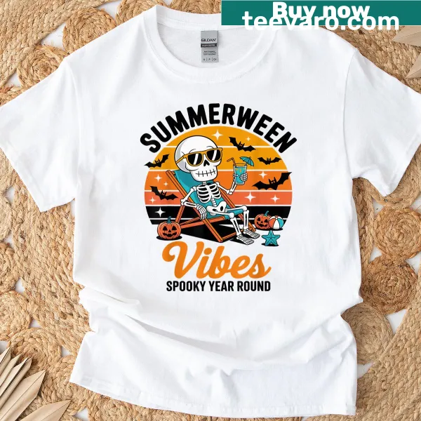 Playful skeleton design for Summerween celebration on t-shirt
