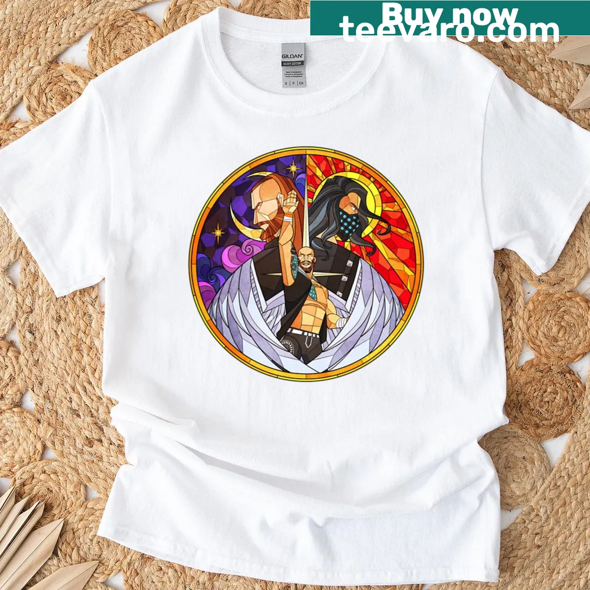 Illustrated t-shirt with sun, moon, and stars design — on a men's t-shirt