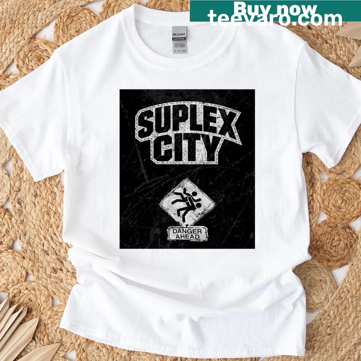 Bold typography Suplex City graphic t-shirt — on a men's t-shirt