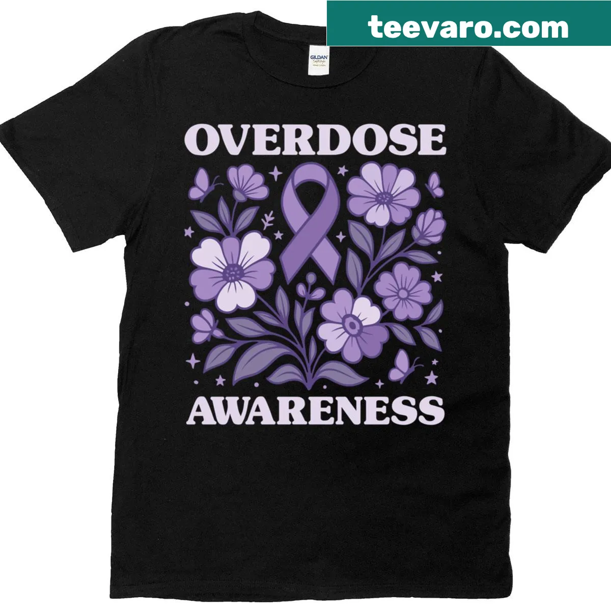 Purple ribbon floral design for overdose awareness t-shirt — on a men's t-shirt