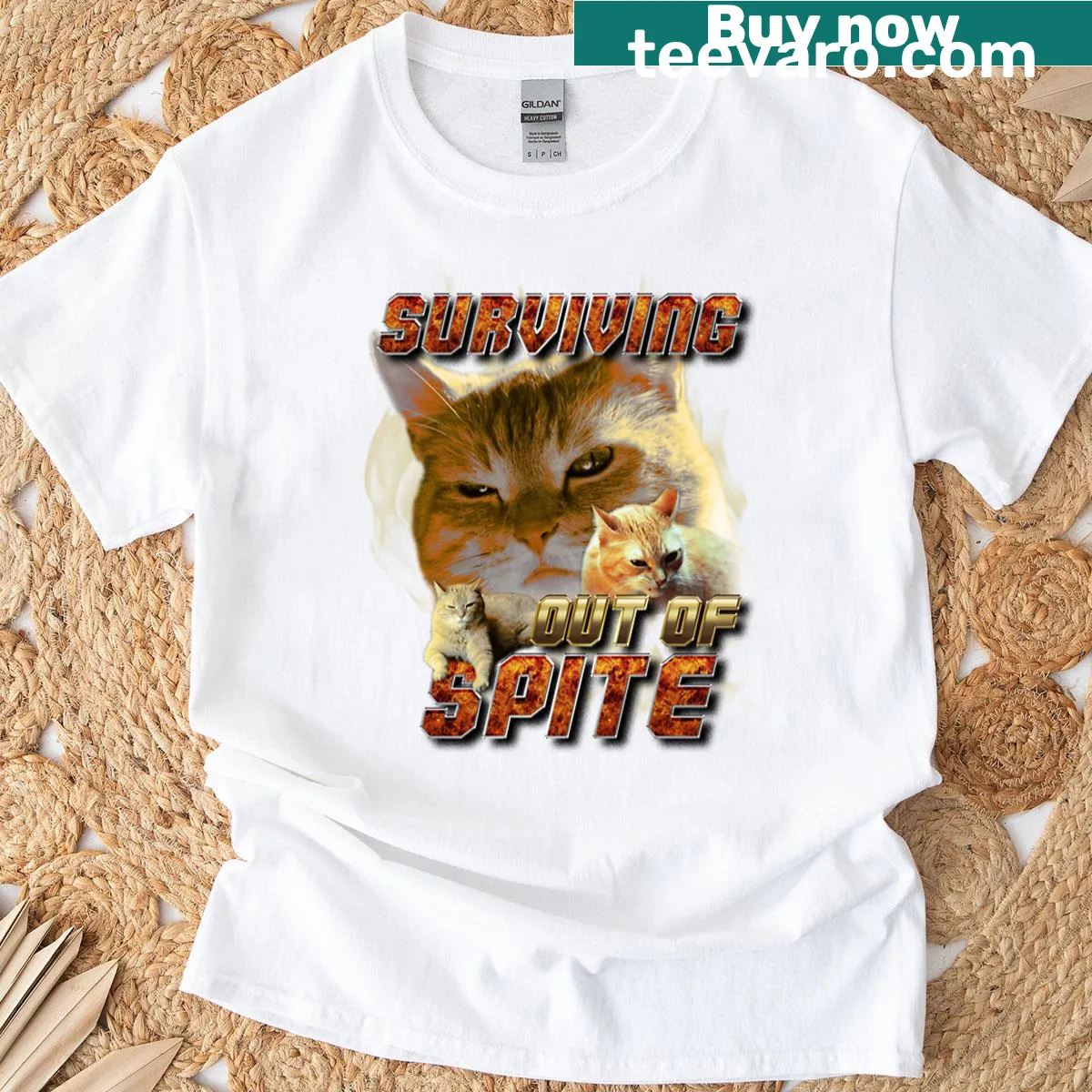 Bold typography t-shirt with 'Surviving Out Of Spite' text — on a men's t-shirt