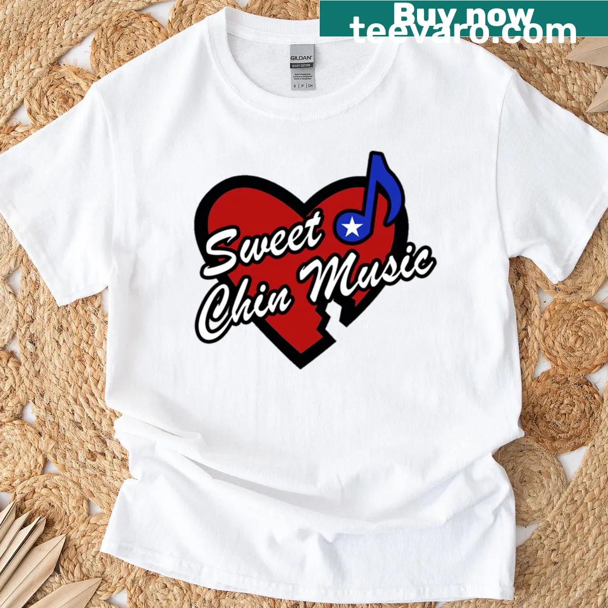 T-shirt featuring bold typography of Sweet Chin Music phrase — on a men's t-shirt