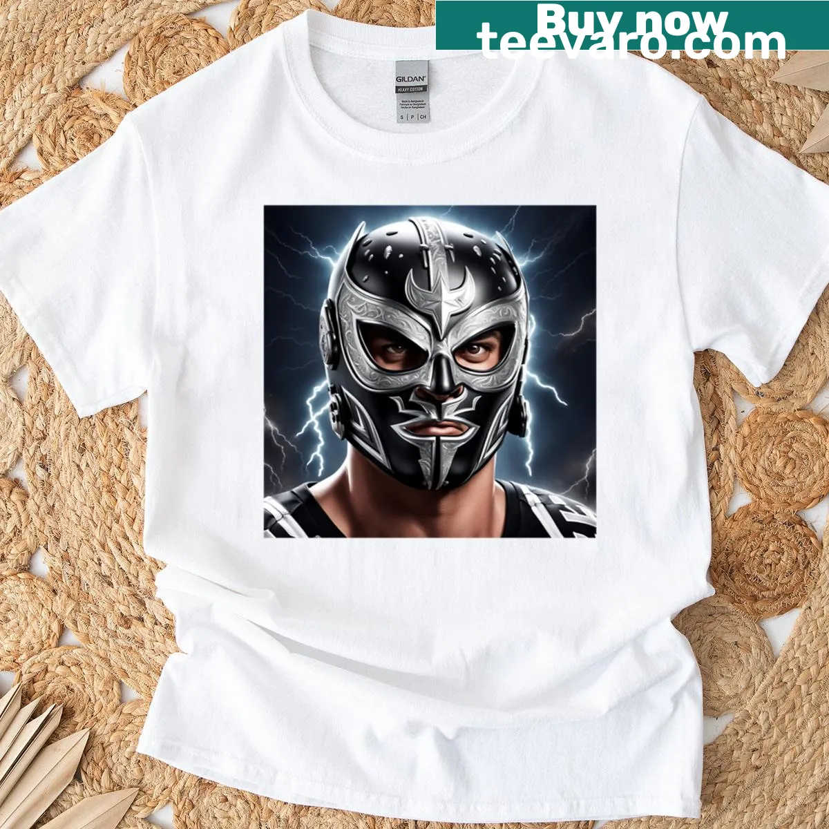 Illustrated T-shirt featuring a luchador in action for wrestling fans — on a men's t-shirt