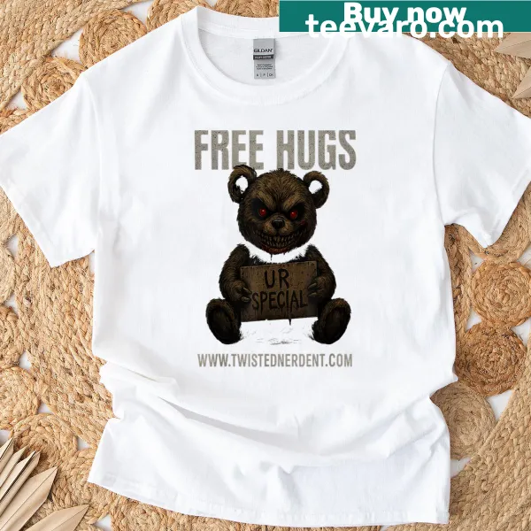 T-shirt with a cheerful message 'Free Hugs' in inviting typography