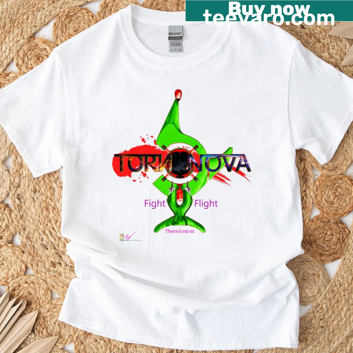 Abstract typography T-shirt with the phrase 'Torn Nova' — on a men's t-shirt