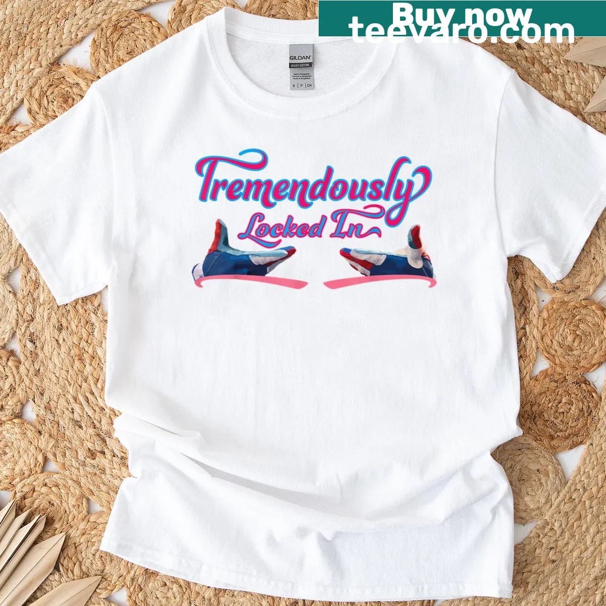 Motivational T-shirt with Tremendously Locked In print — on a men's t-shirt