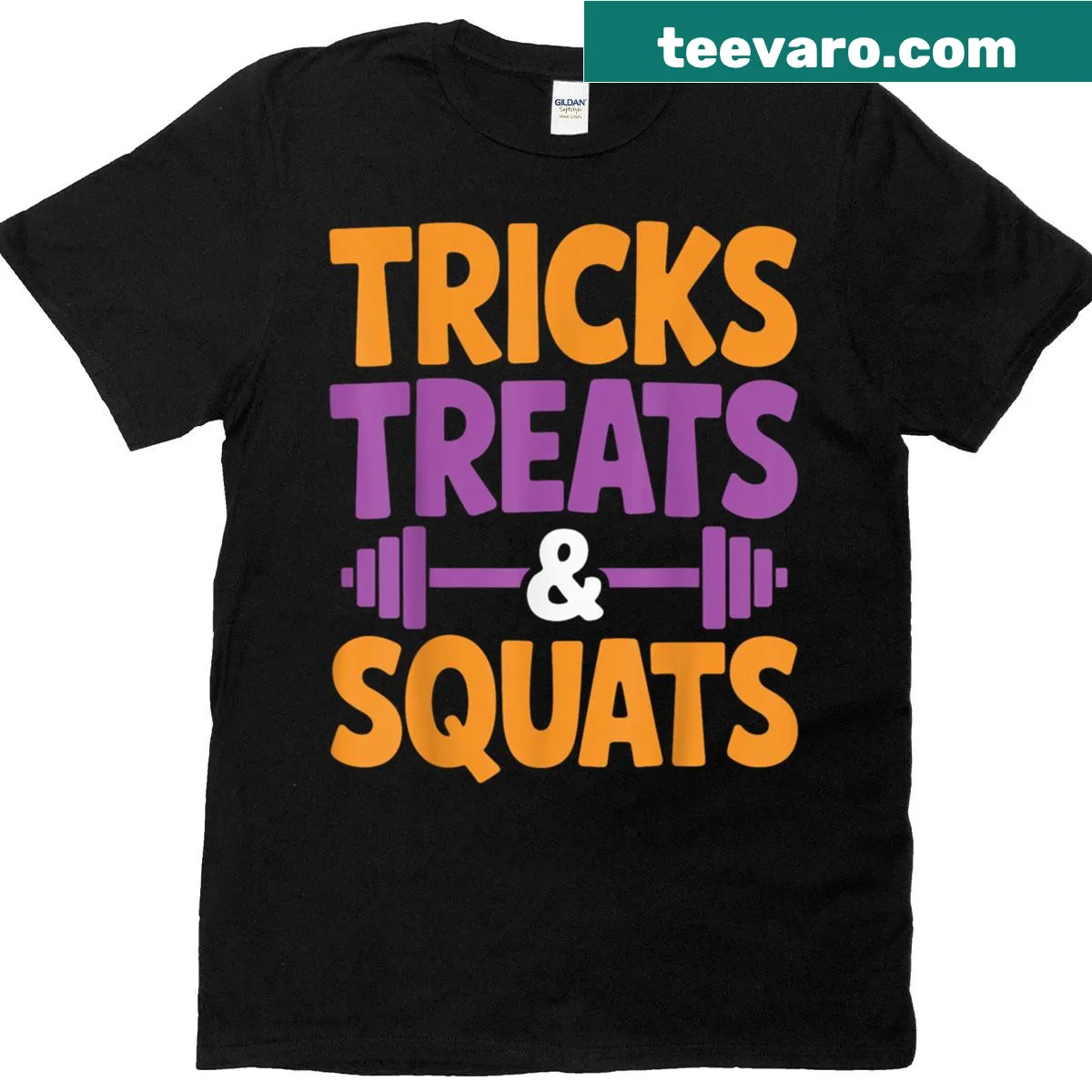 Halloween-themed workout T-shirt with 'Tricks Treats And Squats' — on a men's t-shirt