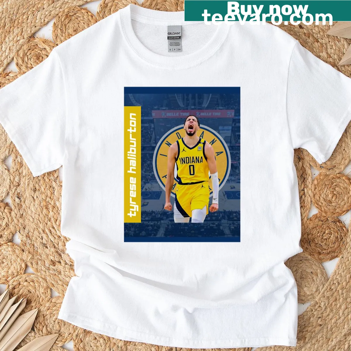 T-shirt featuring Tyrese Haliburton's name and team — on a men's t-shirt