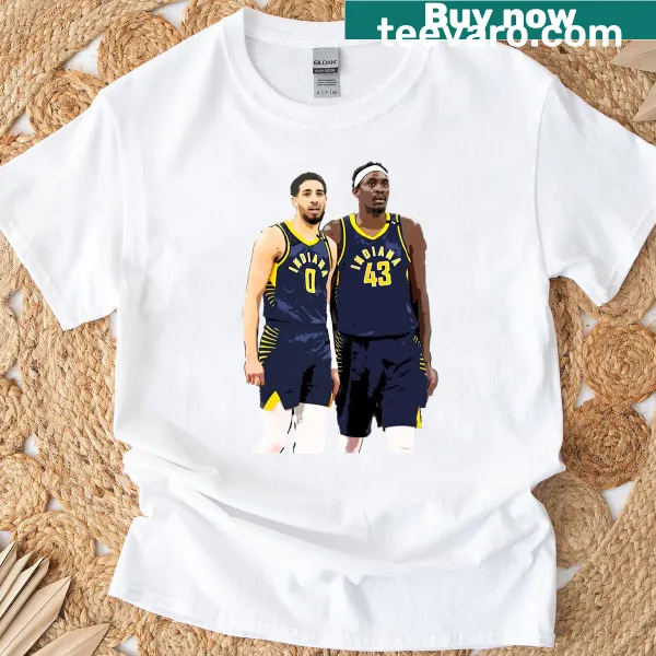 Basketball-themed t-shirt with names Tyrese Haliburton and Pascal Siakam.