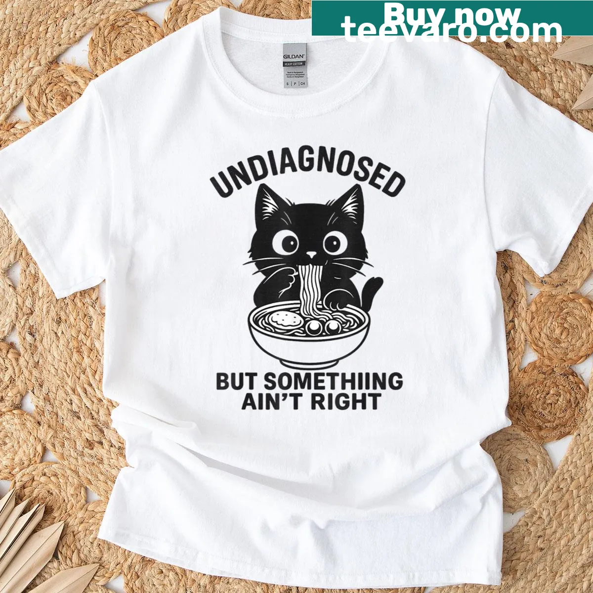 Funny t-shirt with cat graphics and ramen design, text reads 'Undiagnosed But Something Ain't Right' — on a men's t-shirt
