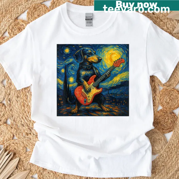 Dachshund inspired by Starry Night with guitar graphic