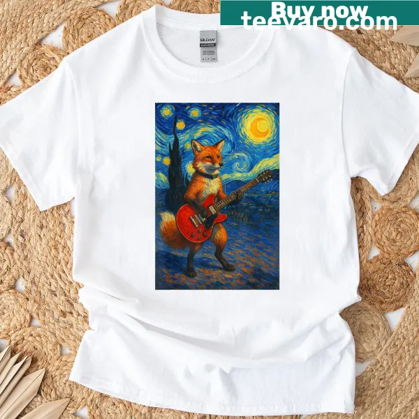 Fox playing guitar against Van Gogh's starry night backdrop