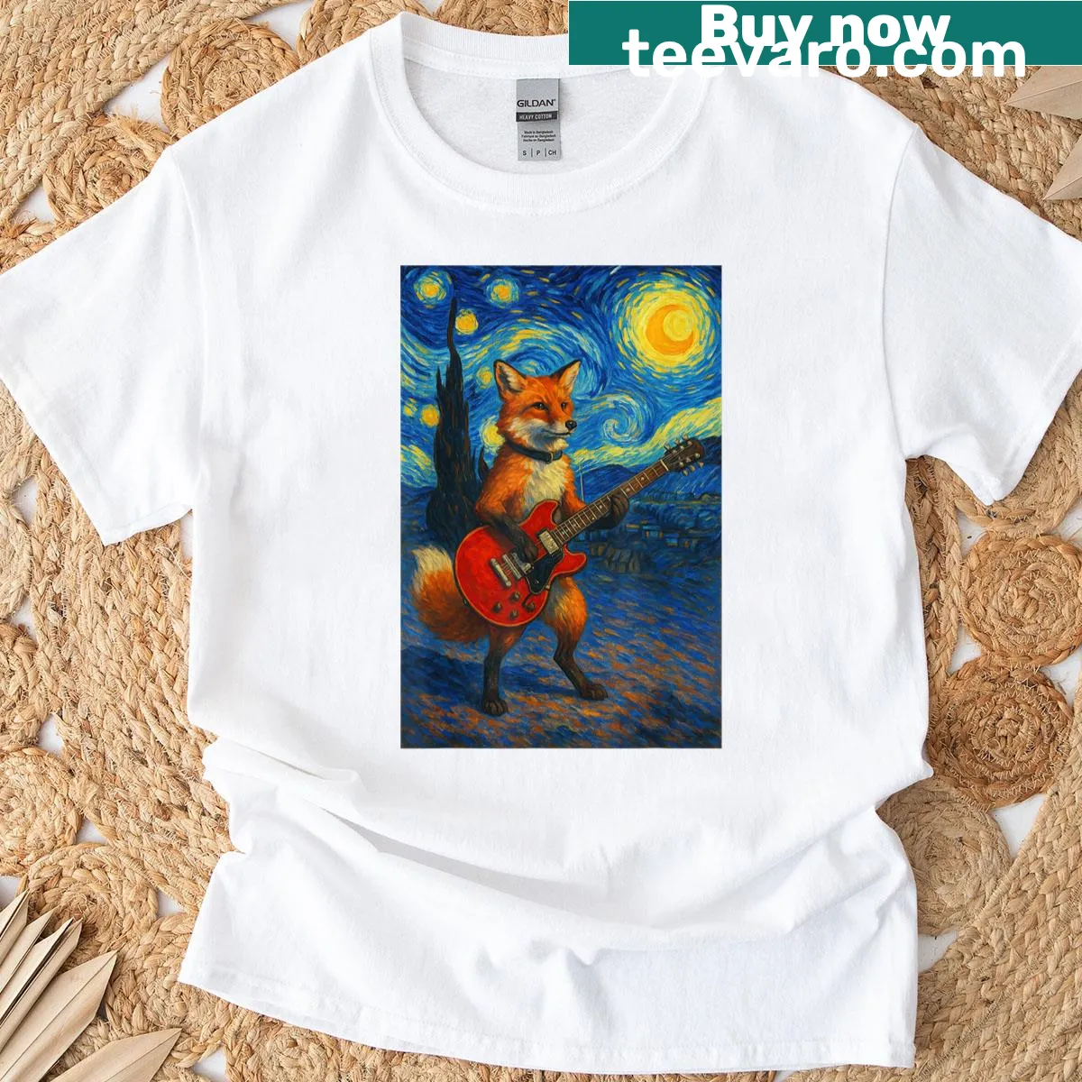 Fox playing guitar against Van Gogh's starry night backdrop — on a men's t-shirt