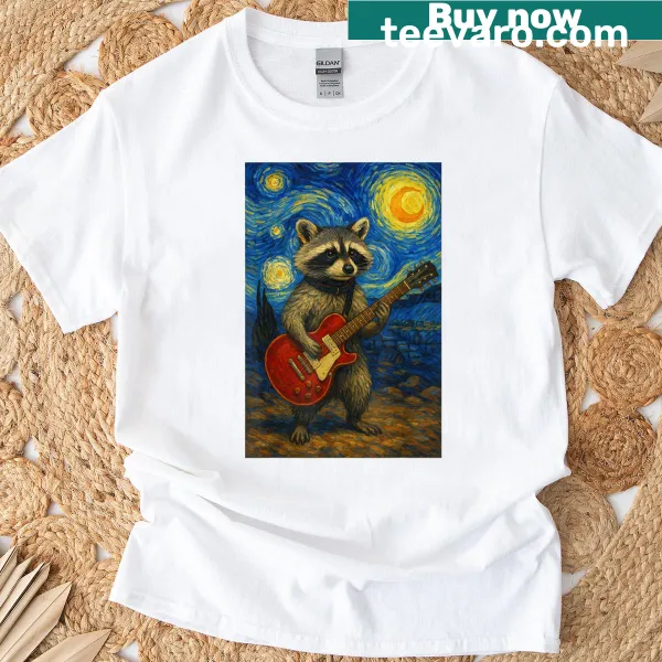 Raccoon playing guitar under Van Gogh's starry night