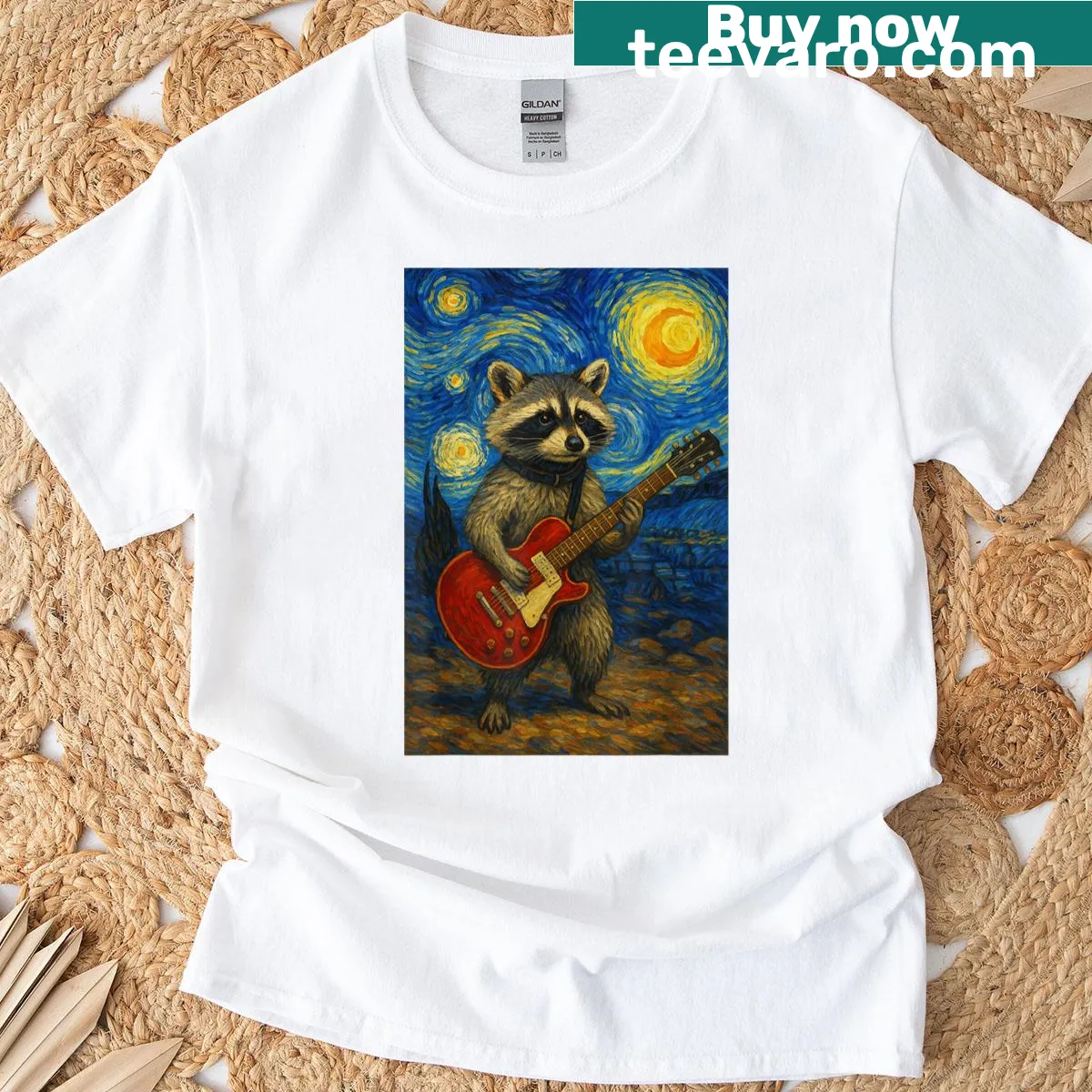 Raccoon playing guitar under Van Gogh's starry night — on a men's t-shirt