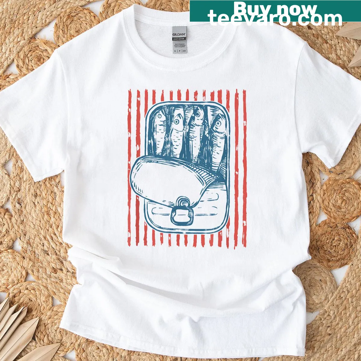 Vintage T-shirt featuring a retro sardines tin graphic — on a men's t-shirt
