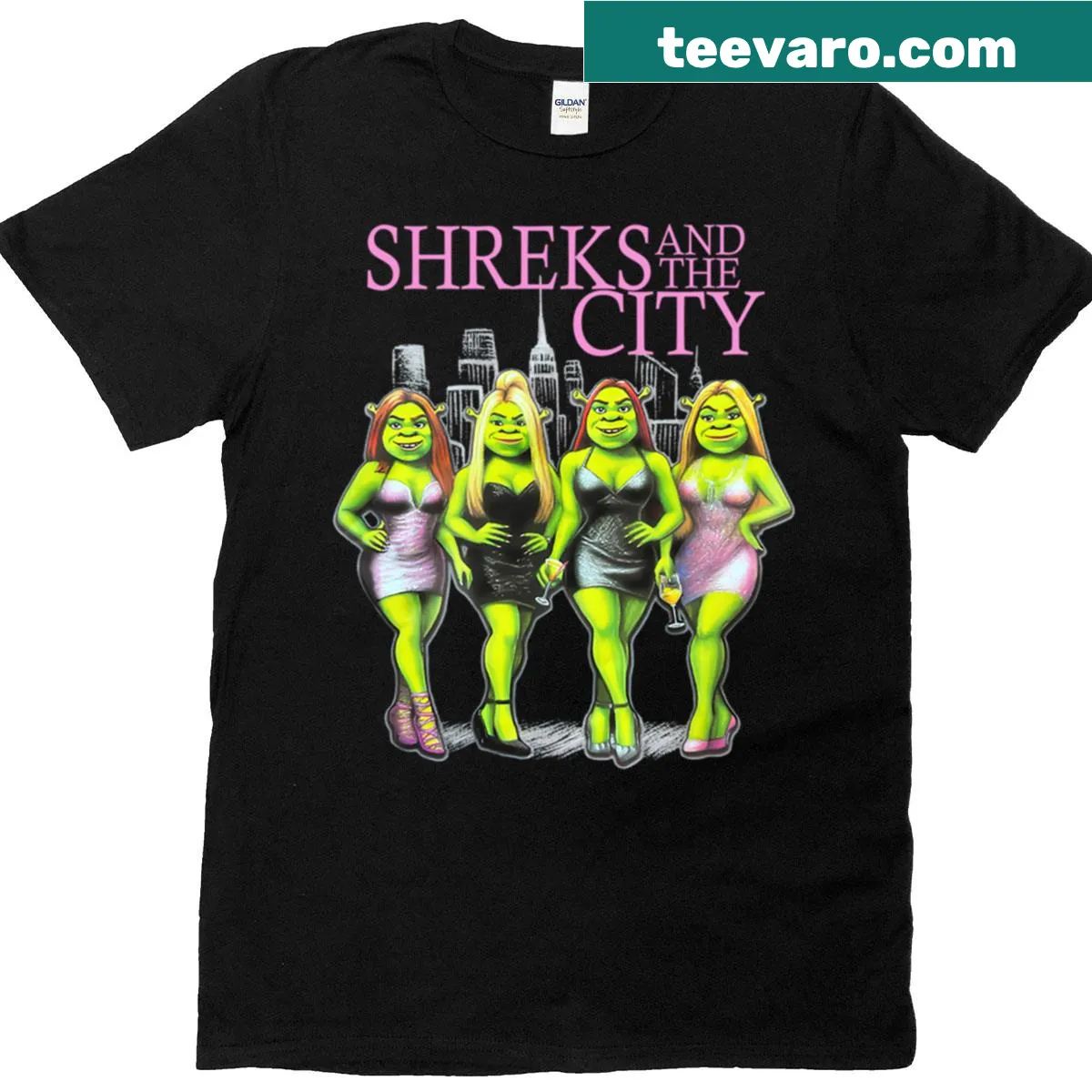 Vintage t-shirt featuring Shrek characters and city theme — on a men's t-shirt