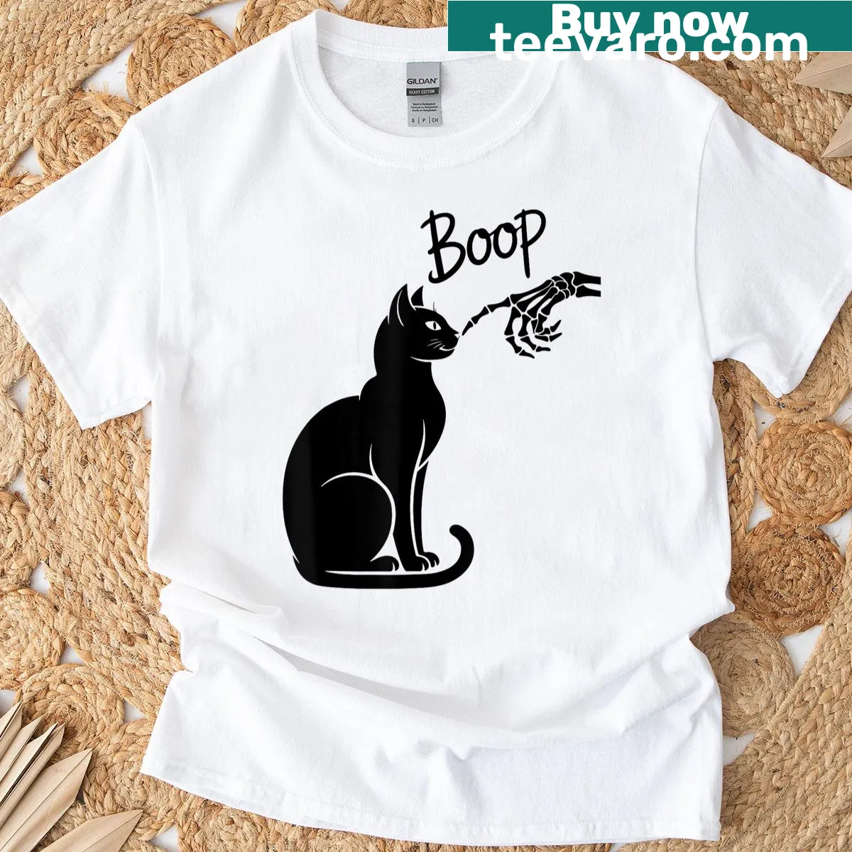 Whimsical skeleton and black cat design for Halloween t-shirt — on a men's t-shirt