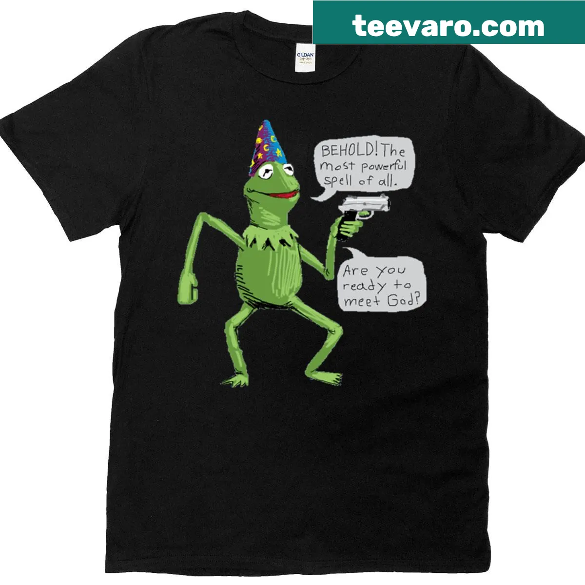 Whimsical Kermit the Frog wizard t-shirt — on a men's t-shirt