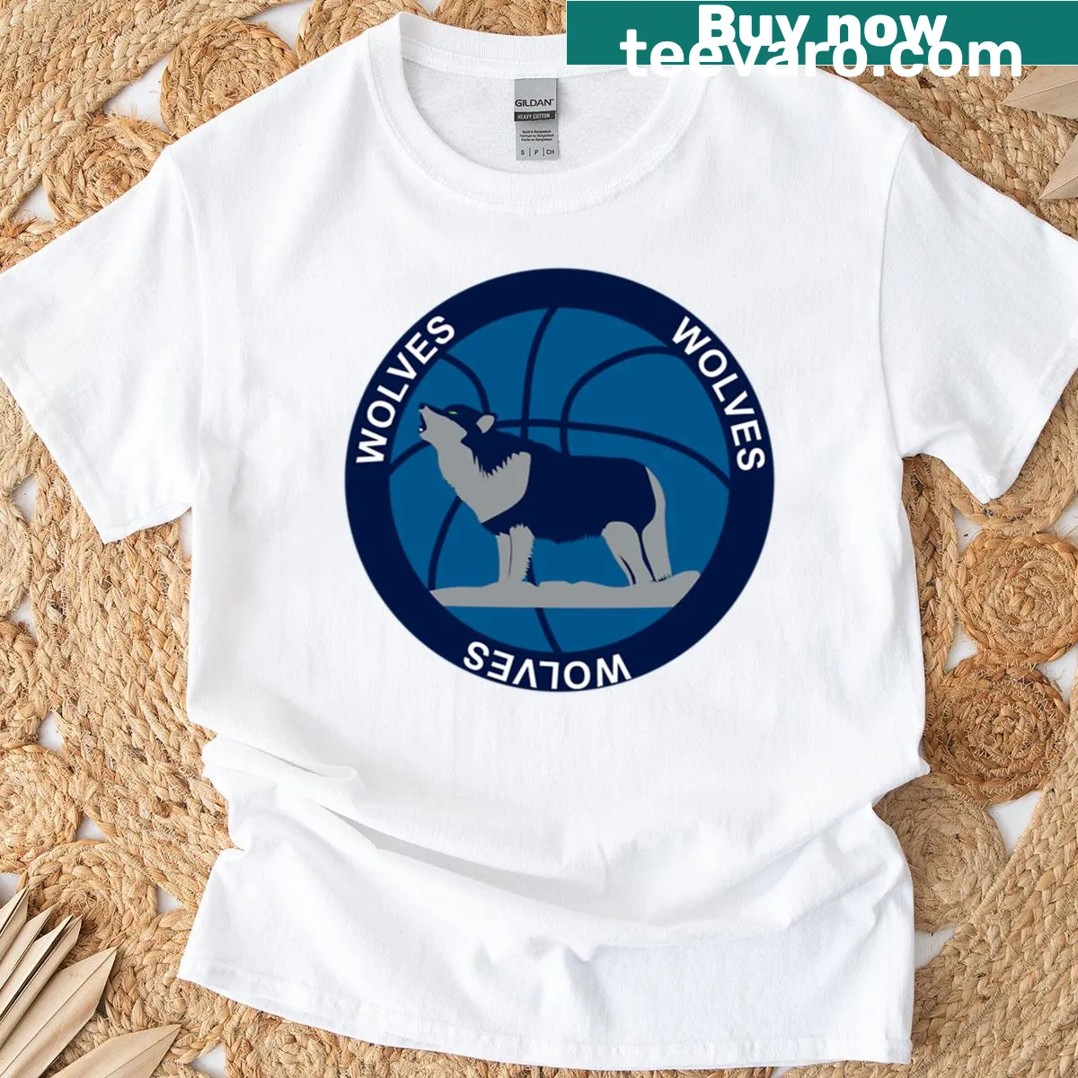 T-shirt featuring a playful wolf character playing basketball — on a men's t-shirt