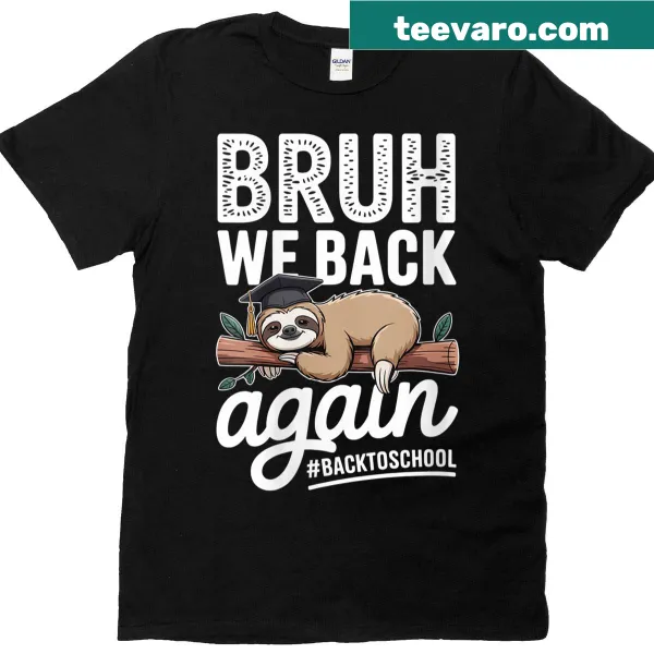Funny sloth graphic with the text 'Bruh We Back Again' for teachers.
