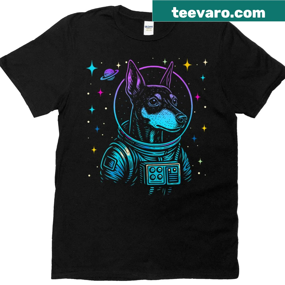 Illustration of a miniature pinscher in a space suit with stars and planets — on a men's t-shirt
