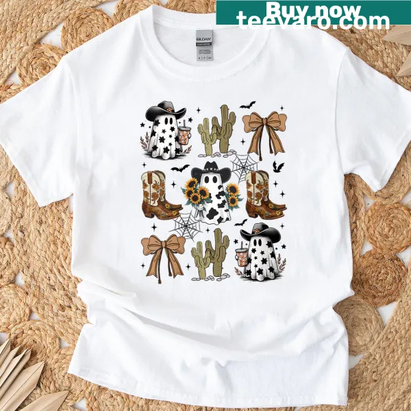 Cute ghost cowboy graphic with "Boo Haw" text for Halloween.