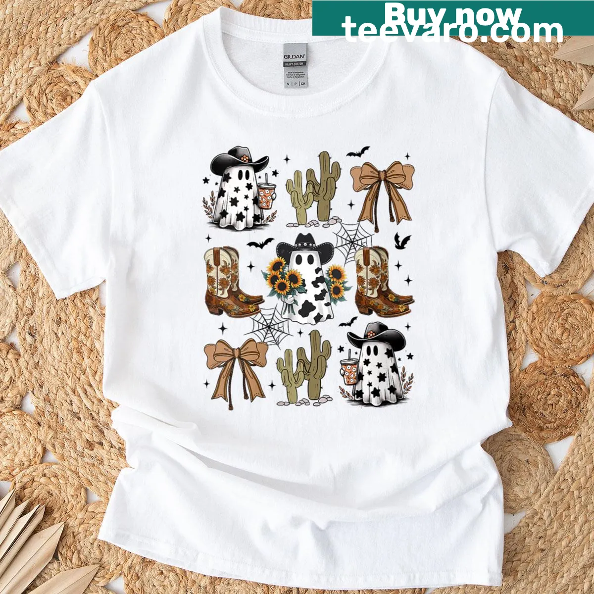 Cute ghost cowboy graphic with "Boo Haw" text for Halloween. — on a men's t-shirt