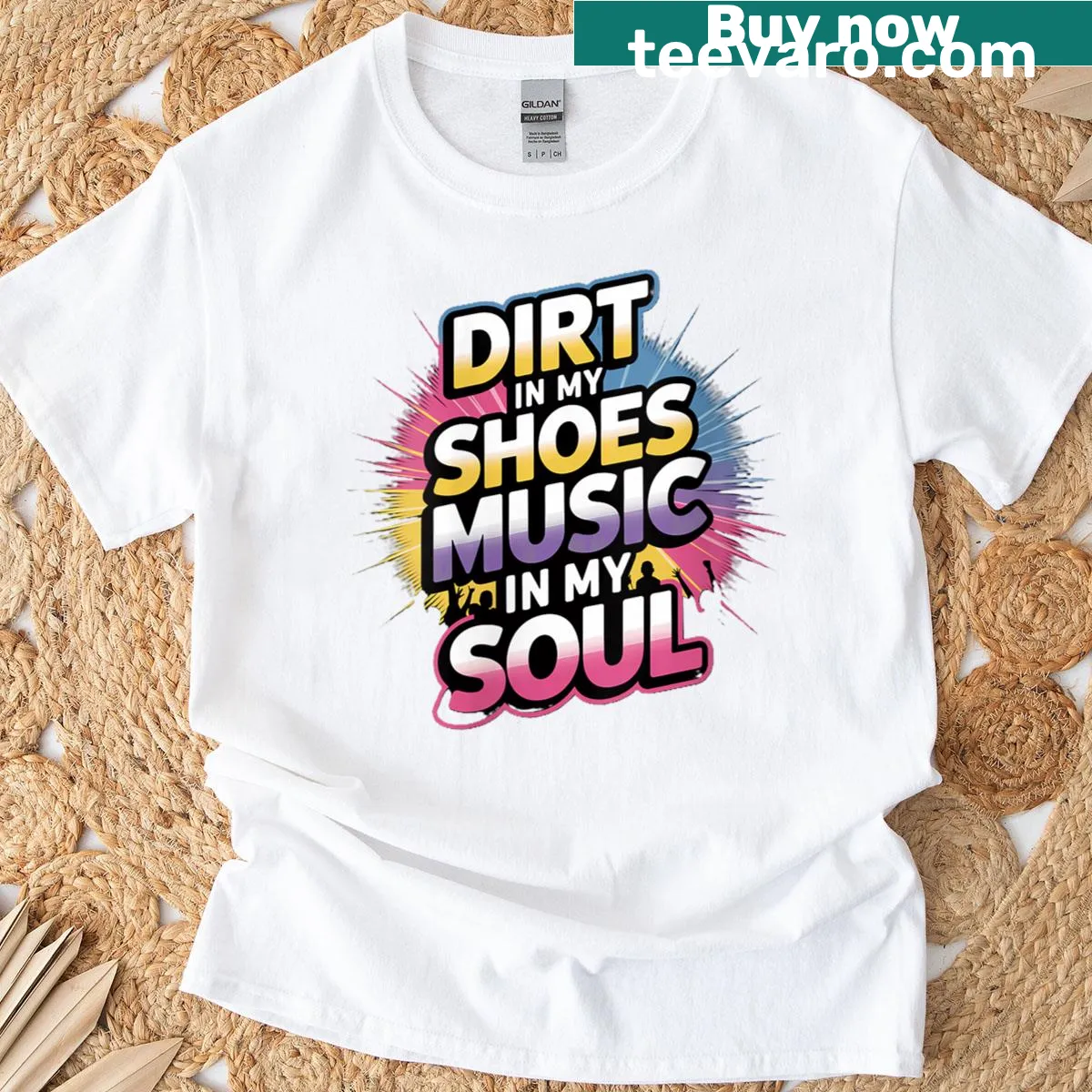 T-shirt with the phrase 'Dirt In My Shoes, Music In My Soul' in stylish typography — on a men's t-shirt
