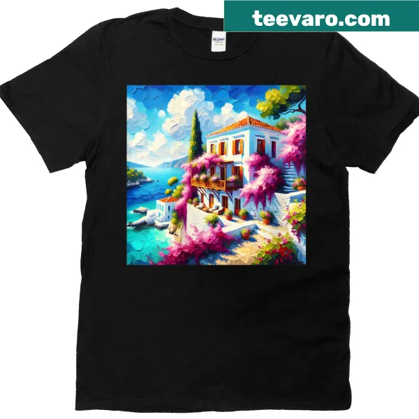 T-shirt featuring a fantasy sea villa illustration surrounded by nature