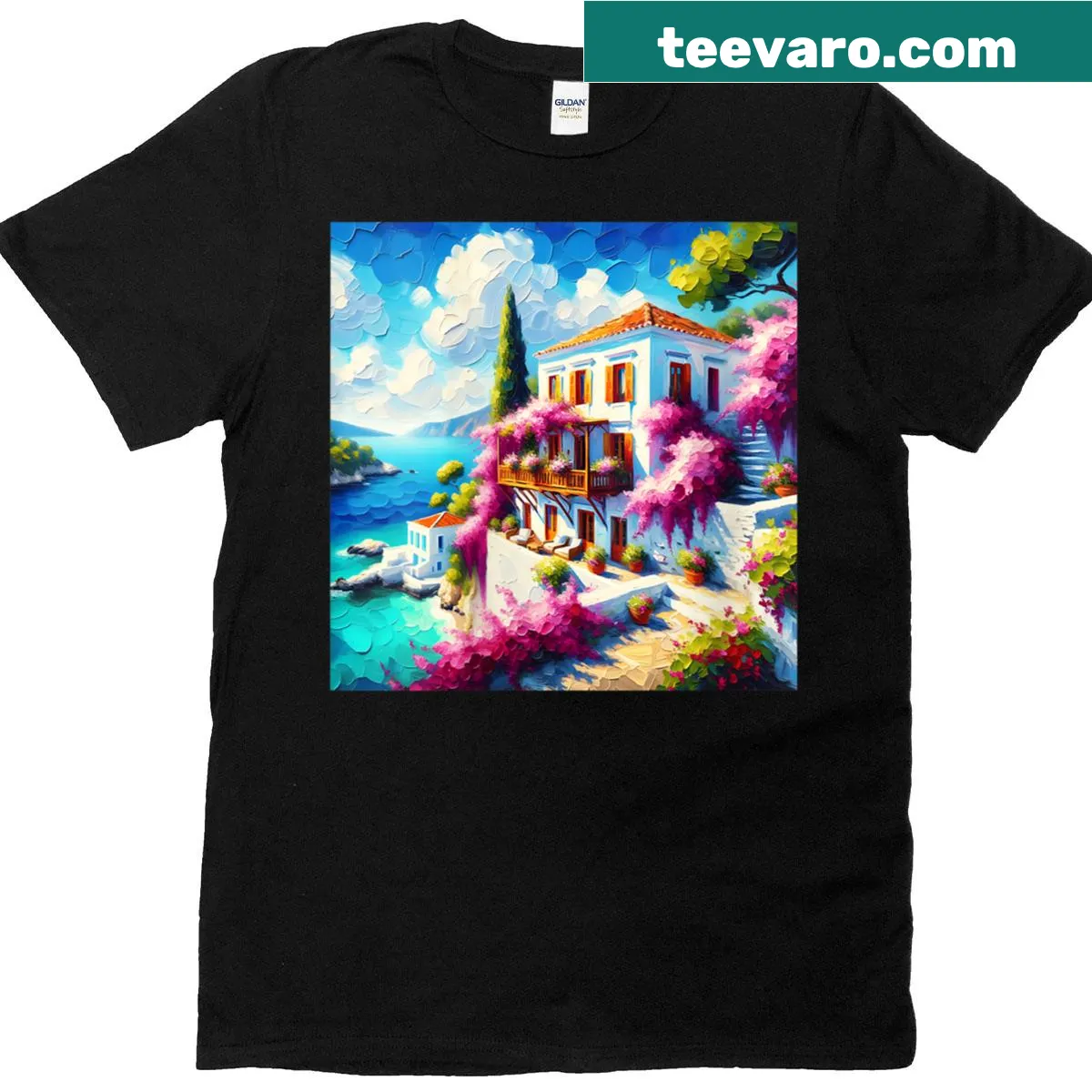 T-shirt featuring a fantasy sea villa illustration surrounded by nature — on a men's t-shirt