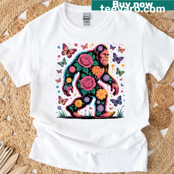Vintage floral Bigfoot t-shirt with colorful flowers around Sasquatch