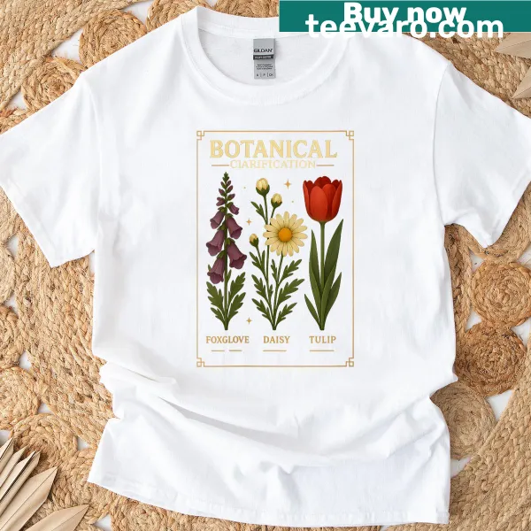 Floral arrangement T-shirt featuring foxglove, daisy, and tulip flowers