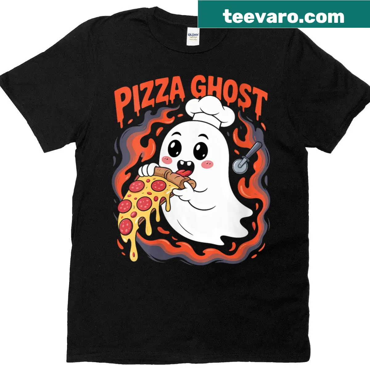 Cartoon ghost eating pizza, Halloween-themed graphic — on a men's t-shirt