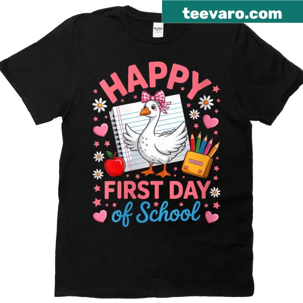 T-shirt celebrating 'Happy First Day Of School' with uplifting text