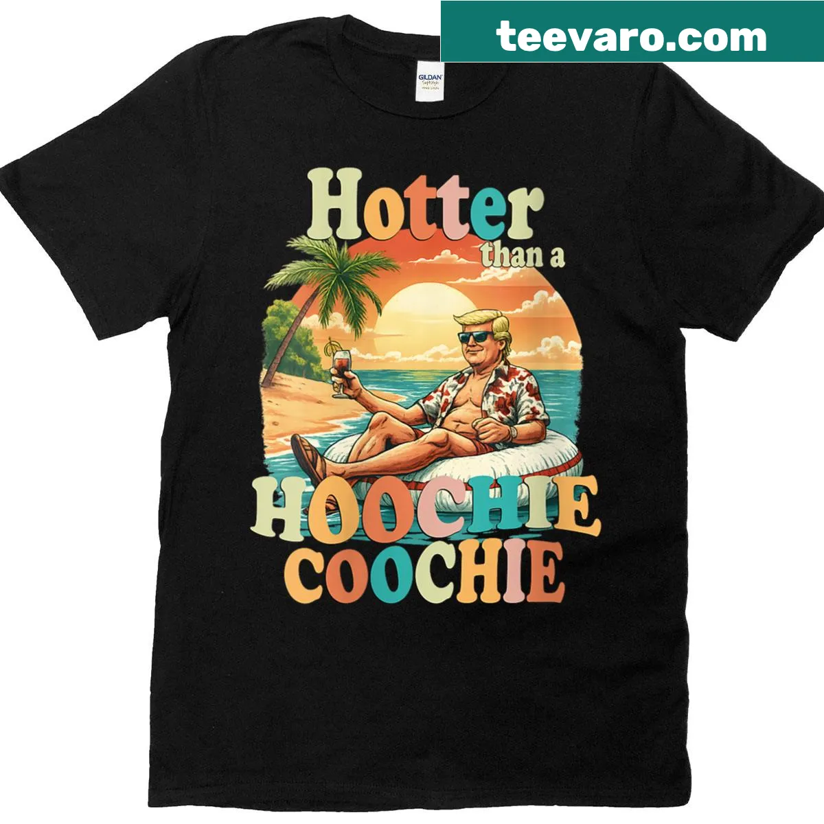 Playful T-shirt with text 'Hotter Than A Hoochie Trump Coochie' — on a men's t-shirt