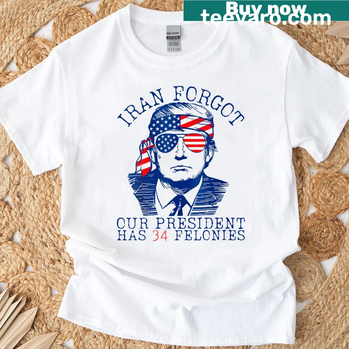 Funny political T-shirt with text about president's felonies — on a men's t-shirt