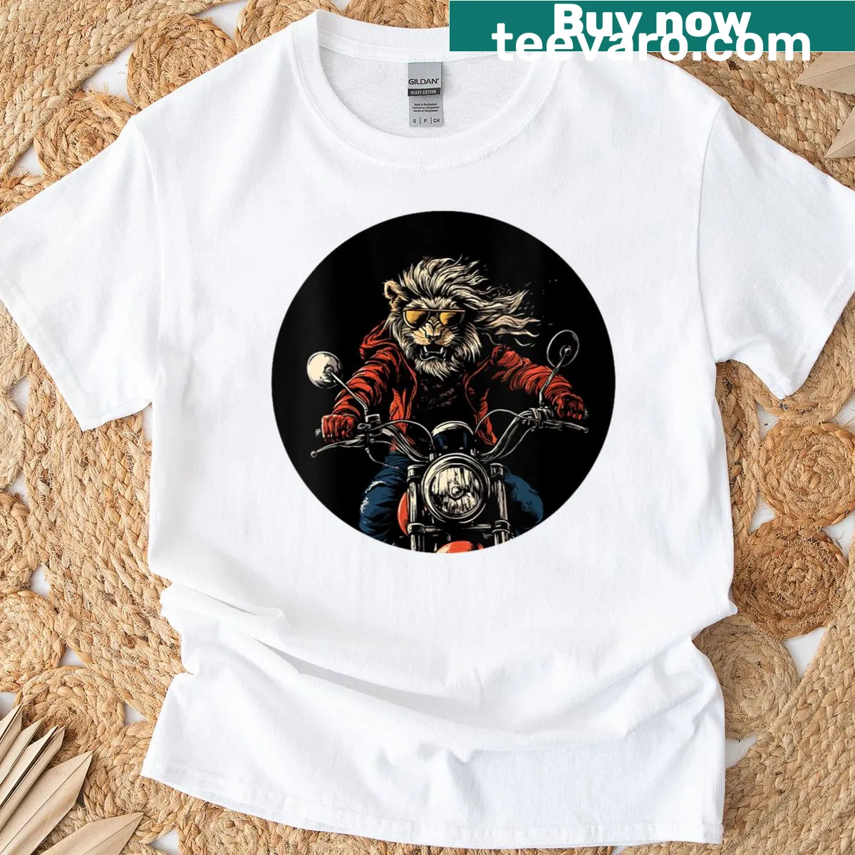 Whimsical T-shirt with a lion on a motorcycle design — on a men's t-shirt