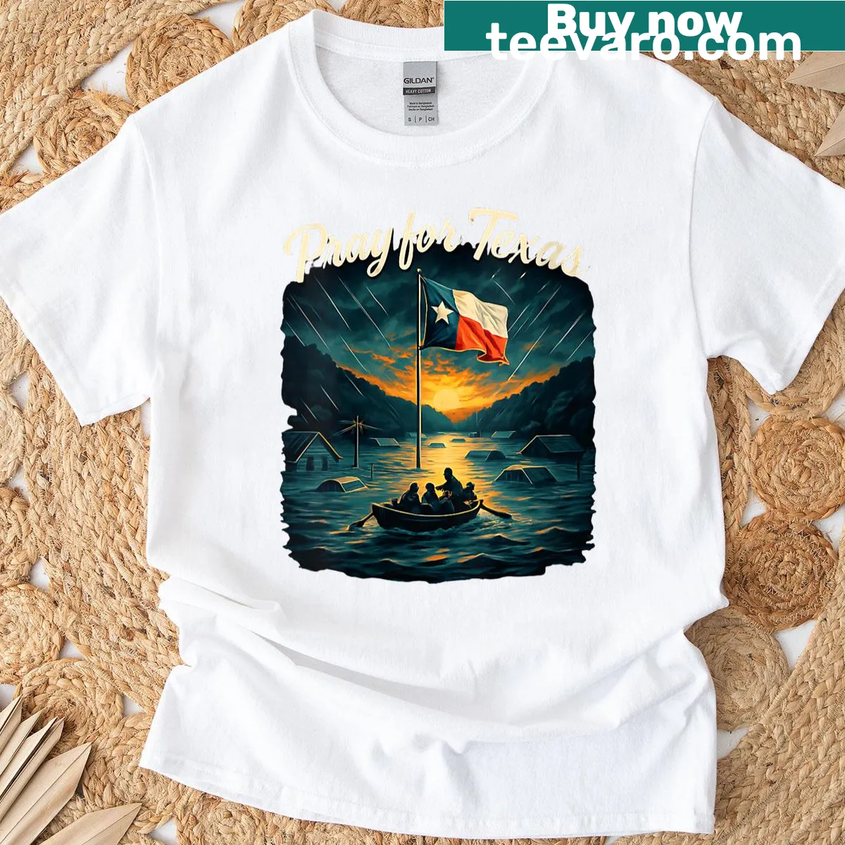 T-shirt supporting Texas flood relief with a message — on a men's t-shirt